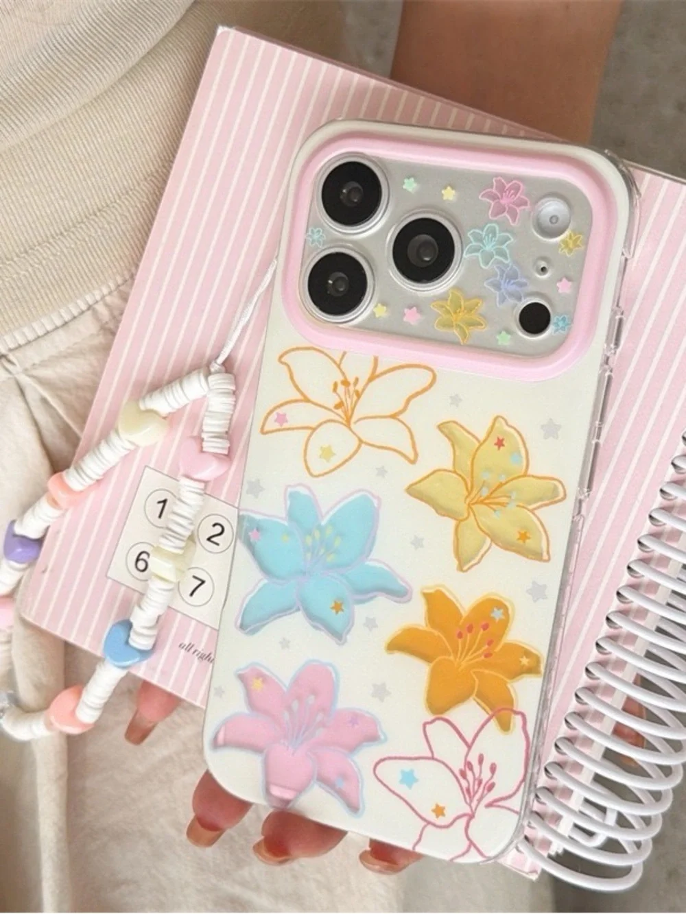 Floral Multicolor Protective Phone Case with Beaded Strap
